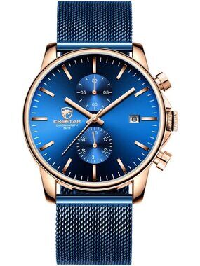 Men's Blue Rose Gold Quartz Analog Mesh Strap Stainless Steel Chronograph Watch